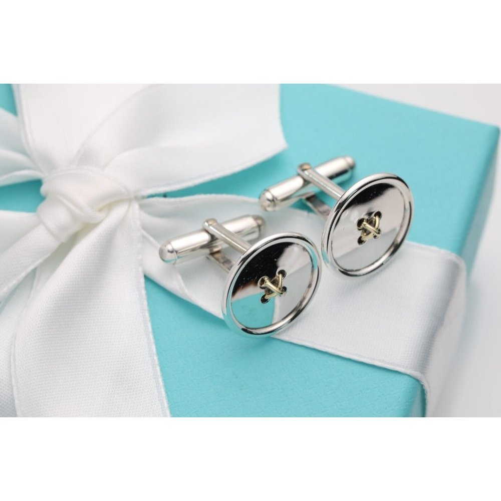Authentic Tiffany & Co. Men's Cufflinks Button Motif in 925 Silver & 18k Gold - Picture 2 of 11